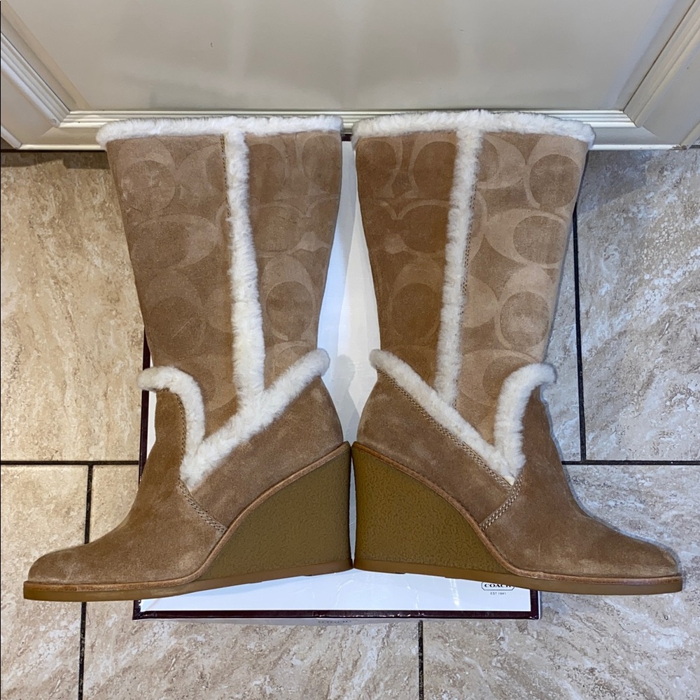 COACH Jordana Suede Shearling Trim Wedge Boots in Tan & Beige in Size 7 - Picture 5 of 15